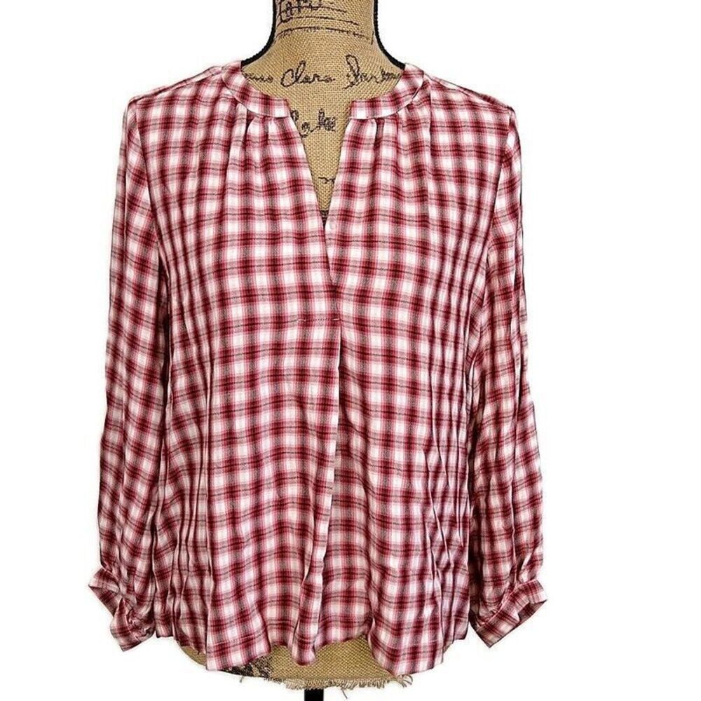 Loft Womens sz SP Top Red Black‎ Long Sleeve V Neck Pleated